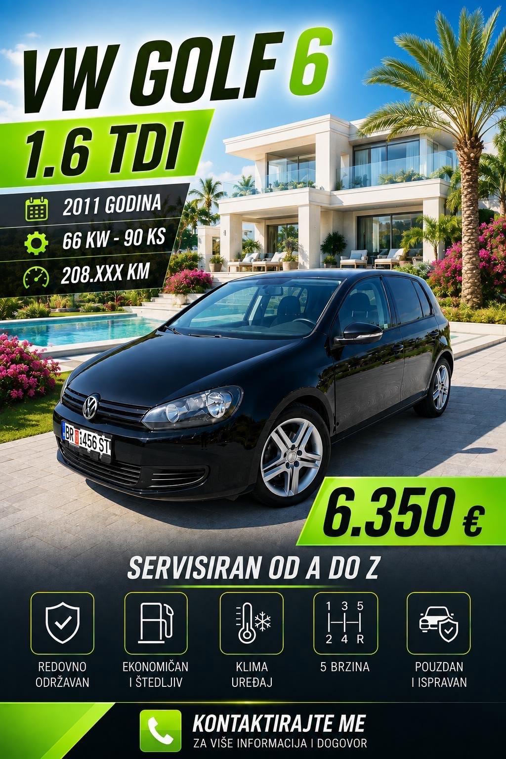 VW Golf 6 1.6 TDI 2011 Godina / 66 KW -90 KS * 208.XXXKM*